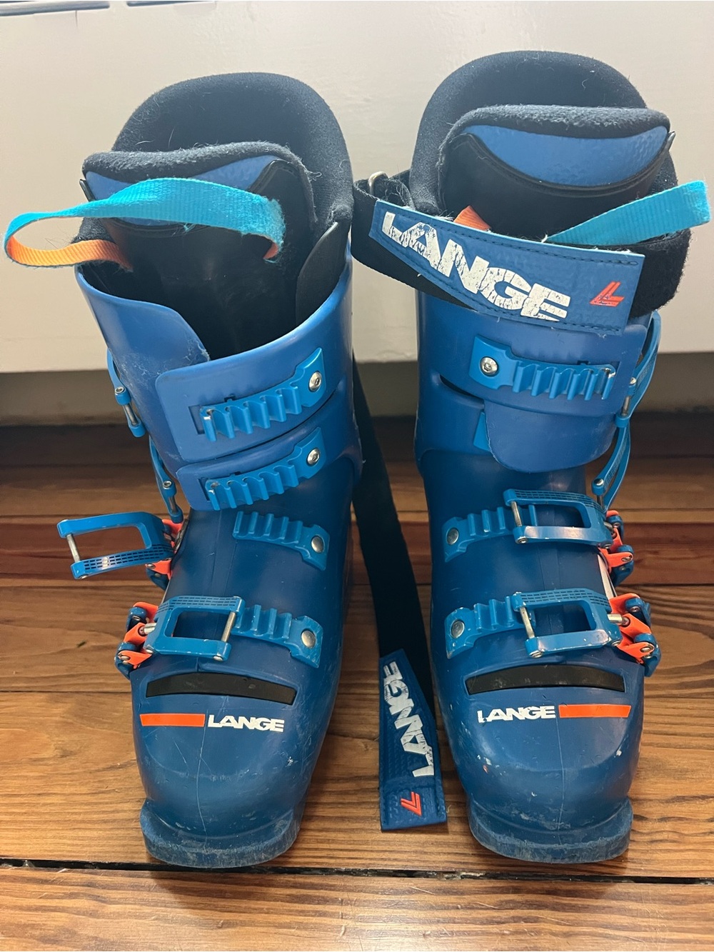 Lange Kids 22/22.5 RS 70 Bright Blue Ski Boots with Orange Accents